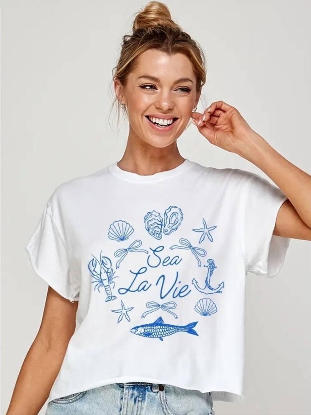 Mustard Seed White Tee with Blue Nautical Print